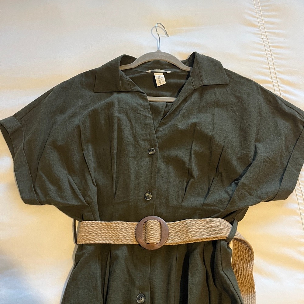 H&M Olive Green Button-Front Shirt Dress with Woven Belt - Picture 3 of 13